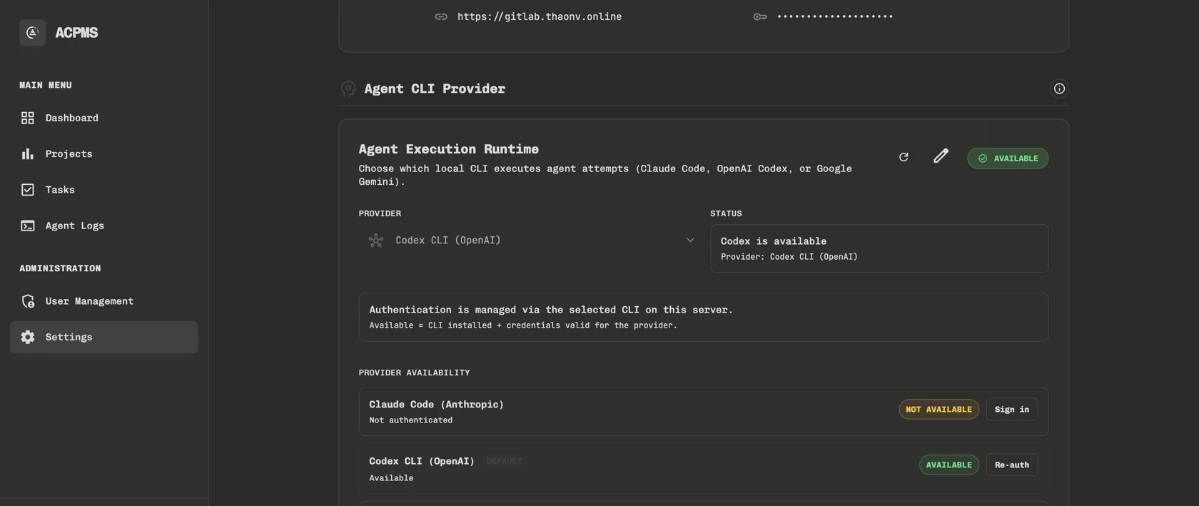 Agent, Provider, and Webhooks configuration screen